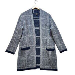 Banana Republic Womens Long Cardigan Sweater Medium Navy Knit Plaid Coatigan